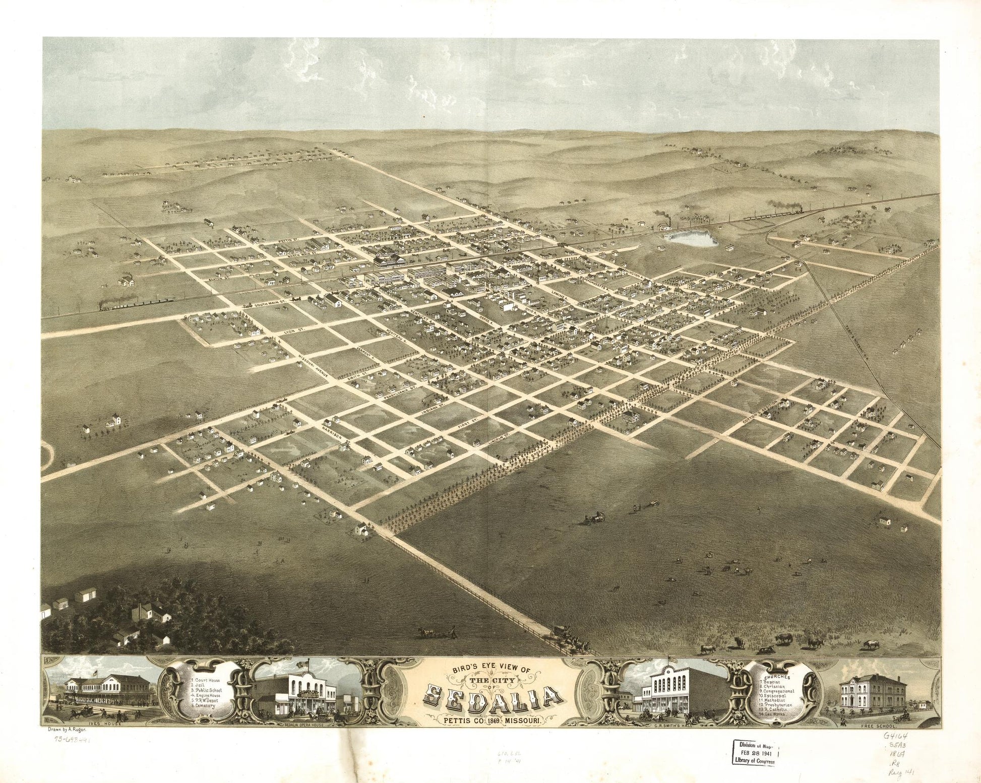 Bird's eye view of the city of Sedalia, Pettis Co., Missouri 1869. (1869) – Historic Bird’s-Eye View Panorama Print