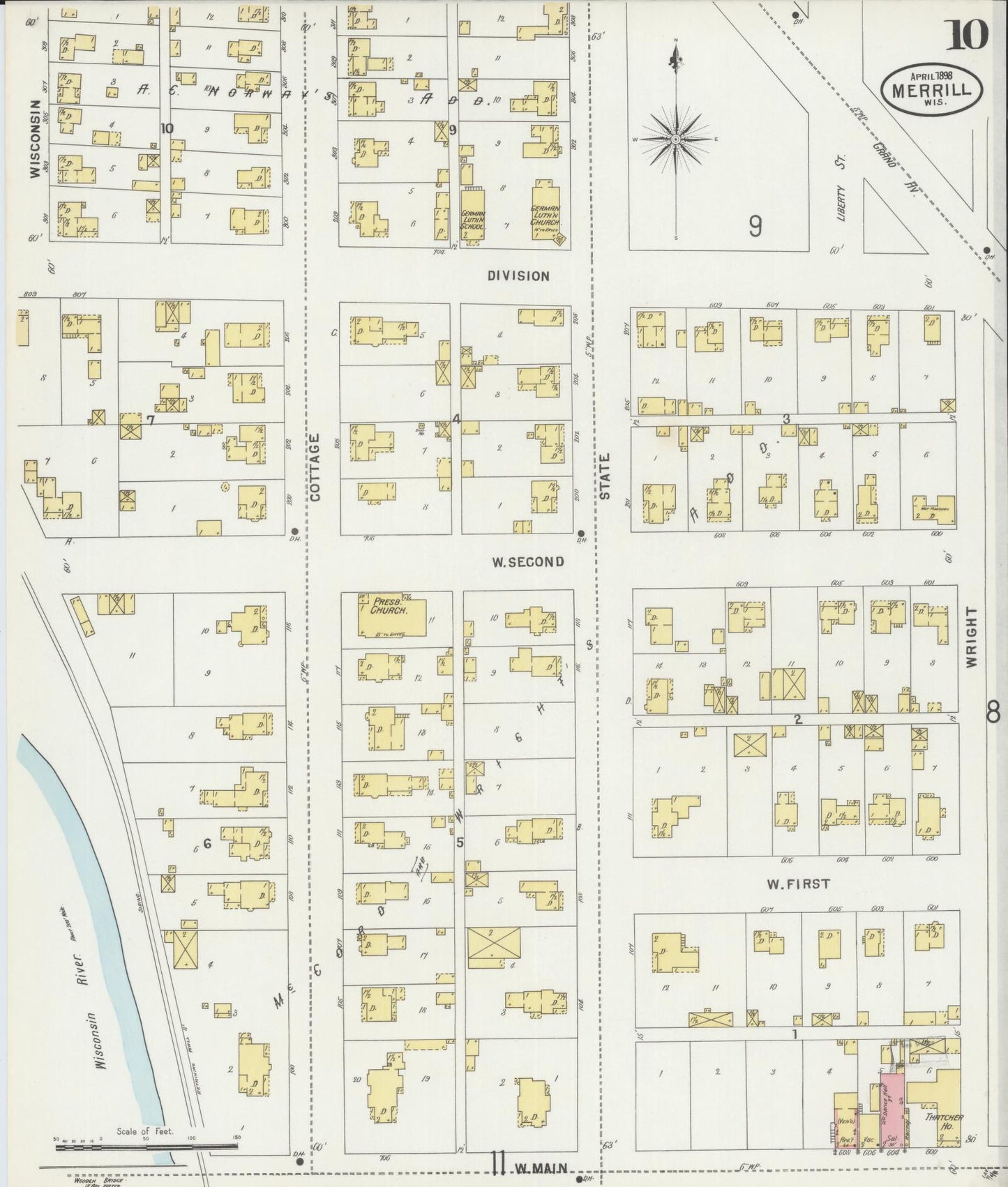 Sanborn Fire Insurance Map from Merrill, Lincoln County, Wisconsin (1898), Sheet #0010 - Historic Sanborn Fire Insurance Map Print, vintage old map wall art, antique decor, genealogy gift, Wisconsin Wisconsin map