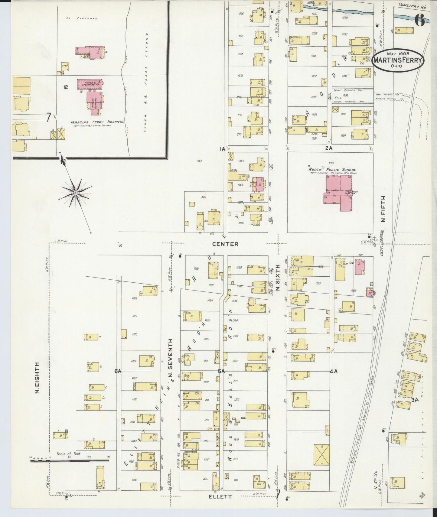 Sanborn Fire Insurance Map from Martins Ferry, Belmont County, Ohio (1908), Sheet #0006 - Historic Sanborn Fire Insurance Map Print, vintage old map wall art, antique decor, genealogy gift, Ohio Ohio map