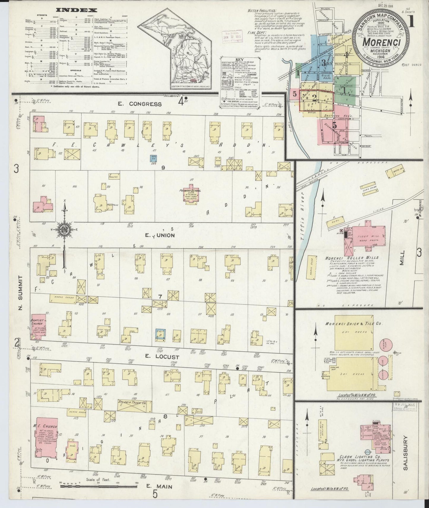 Sanborn Fire Insurance Map from Morenci, Lenawee County, Michigan (1914), Sheet #0001 - Complete Map Set gallery image, historic Sanborn map, vintage wall art, Michigan Michigan