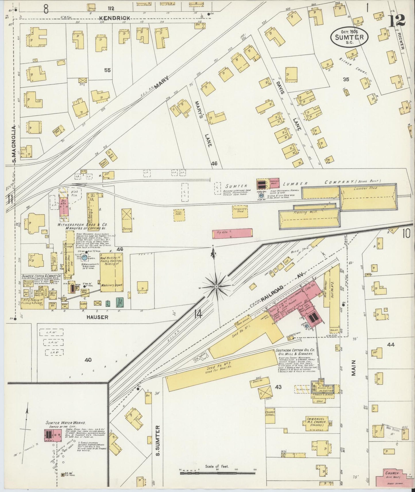 Sanborn Fire Insurance Map from Sumter, Sumter County, South Carolina (1906), Sheet #0012 - Historic Sanborn Fire Insurance Map Print, vintage old map wall art, antique decor, genealogy gift, South Carolina South Carolina map