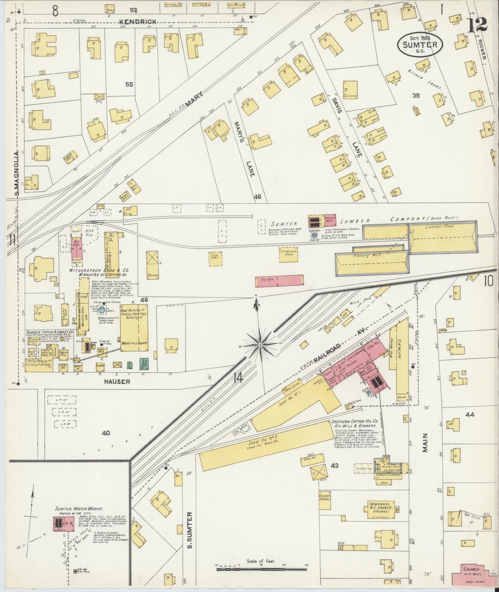 Sanborn Fire Insurance Map from Sumter, Sumter County, South Carolina (1906), Sheet #0012 - Historic Sanborn Fire Insurance Map Print, vintage old map wall art, antique decor, genealogy gift, South Carolina South Carolina map