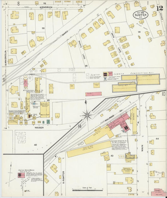 Sanborn Fire Insurance Map from Sumter, Sumter County, South Carolina (1906), Sheet #0012 - Historic Sanborn Fire Insurance Map Print, vintage old map wall art, antique decor, genealogy gift, South Carolina South Carolina map