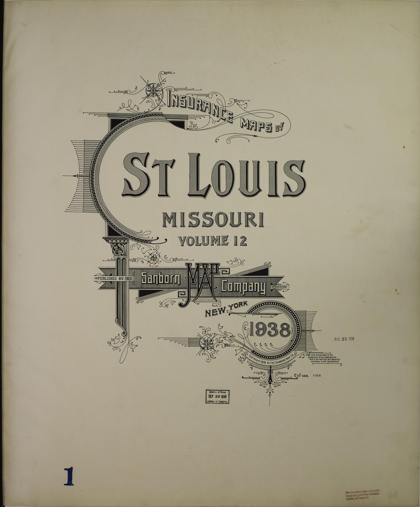Sanborn Fire Insurance Map from Saint Louis, Independent City, Missouri (1938), Sheet #0001 - Complete Map Set gallery image, historic Sanborn map, vintage wall art, Missouri Missouri