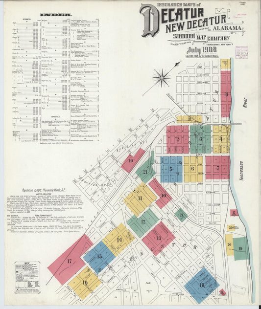 Sanborn Fire Insurance Map from Decatur, Morgan County, Alabama (1908), Sheet #0001 - Complete Map Set gallery image, historic Sanborn map, vintage wall art, Alabama Alabama