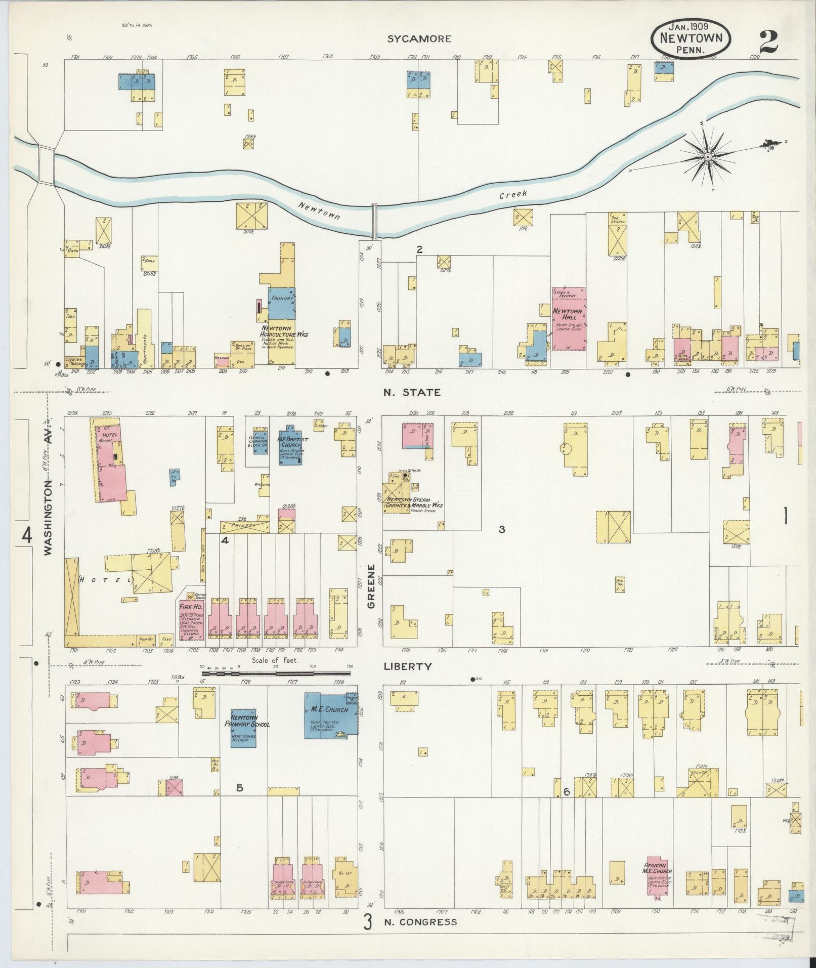 Sanborn Fire Insurance Map from Newtown, Bucks County, Pennsylvania (1909), Sheet #0002 - Historic Sanborn Fire Insurance Map Print, vintage old map wall art, antique decor, genealogy gift, Pennsylvania Pennsylvania map
