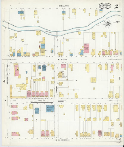 Sanborn Fire Insurance Map from Newtown, Bucks County, Pennsylvania (1909), Sheet #0002 - Historic Sanborn Fire Insurance Map Print, vintage old map wall art, antique decor, genealogy gift, Pennsylvania Pennsylvania map