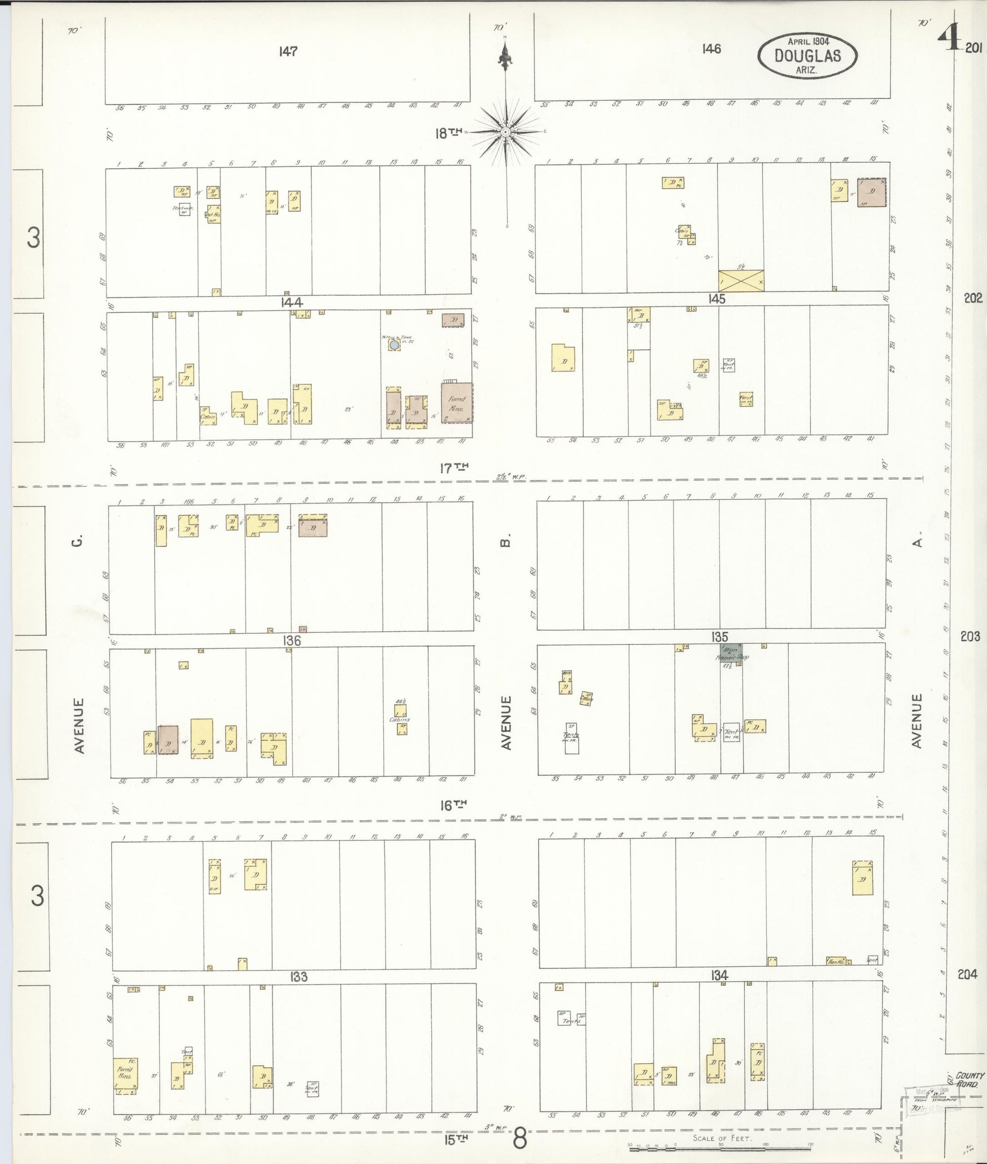 Sanborn Fire Insurance Map from Douglas, Cochise County, Arizona (1904), Sheet #0004 - Complete Map Set gallery image, historic Sanborn map, vintage wall art, Arizona Arizona