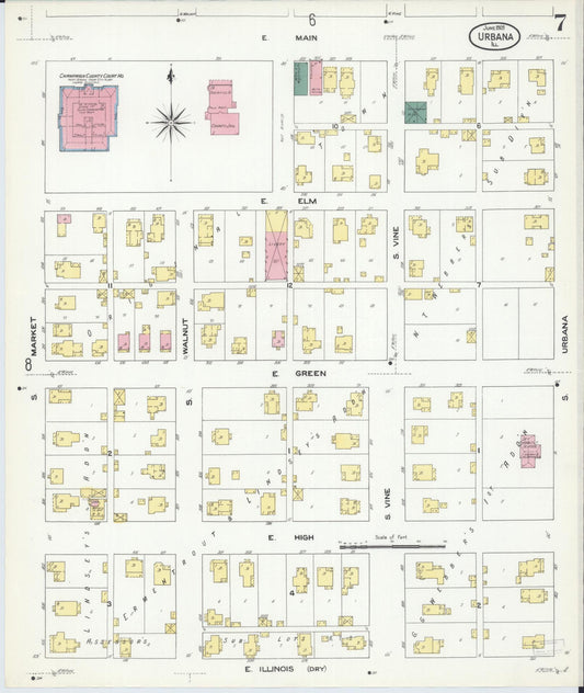 Sanborn Fire Insurance Map from Urbana, Champaign County, Illinois (1909), Sheet #0007 - Historic Sanborn Fire Insurance Map Print, vintage old map wall art, antique decor, genealogy gift, Illinois Illinois map