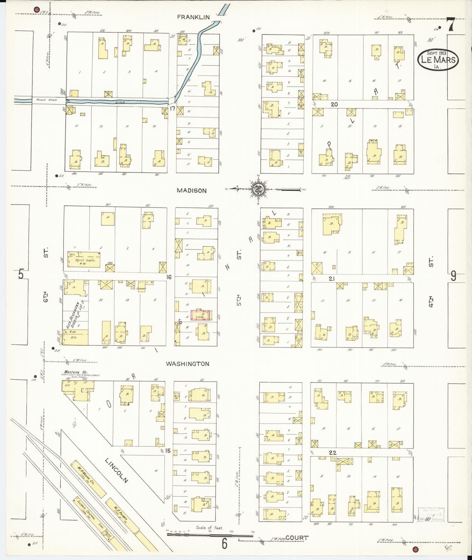 Sanborn Fire Insurance Map from Le Mars, Plymouth County, Iowa (1913), Sheet #0007 - Historic Sanborn Fire Insurance Map Print, vintage old map wall art