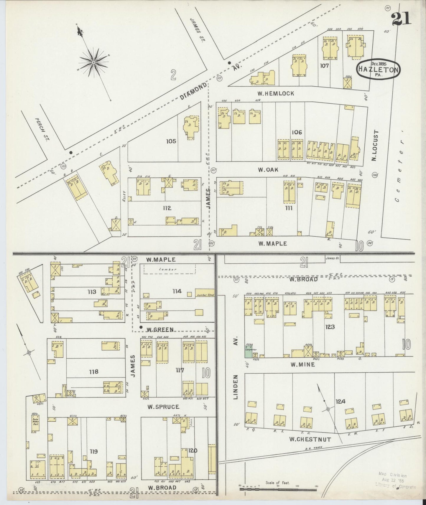 Sanborn Fire Insurance Map from Hazleton, Luzerne County, Pennsylvania (1895), Sheet #0021 - Historic Sanborn Fire Insurance Map Print, vintage old map wall art, antique decor, genealogy gift, Pennsylvania Pennsylvania map