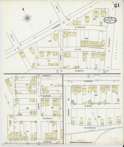 Sanborn Fire Insurance Map from Hazleton, Luzerne County, Pennsylvania (1895), Sheet #0021 - Historic Sanborn Fire Insurance Map Print, vintage old map wall art, antique decor, genealogy gift, Pennsylvania Pennsylvania map