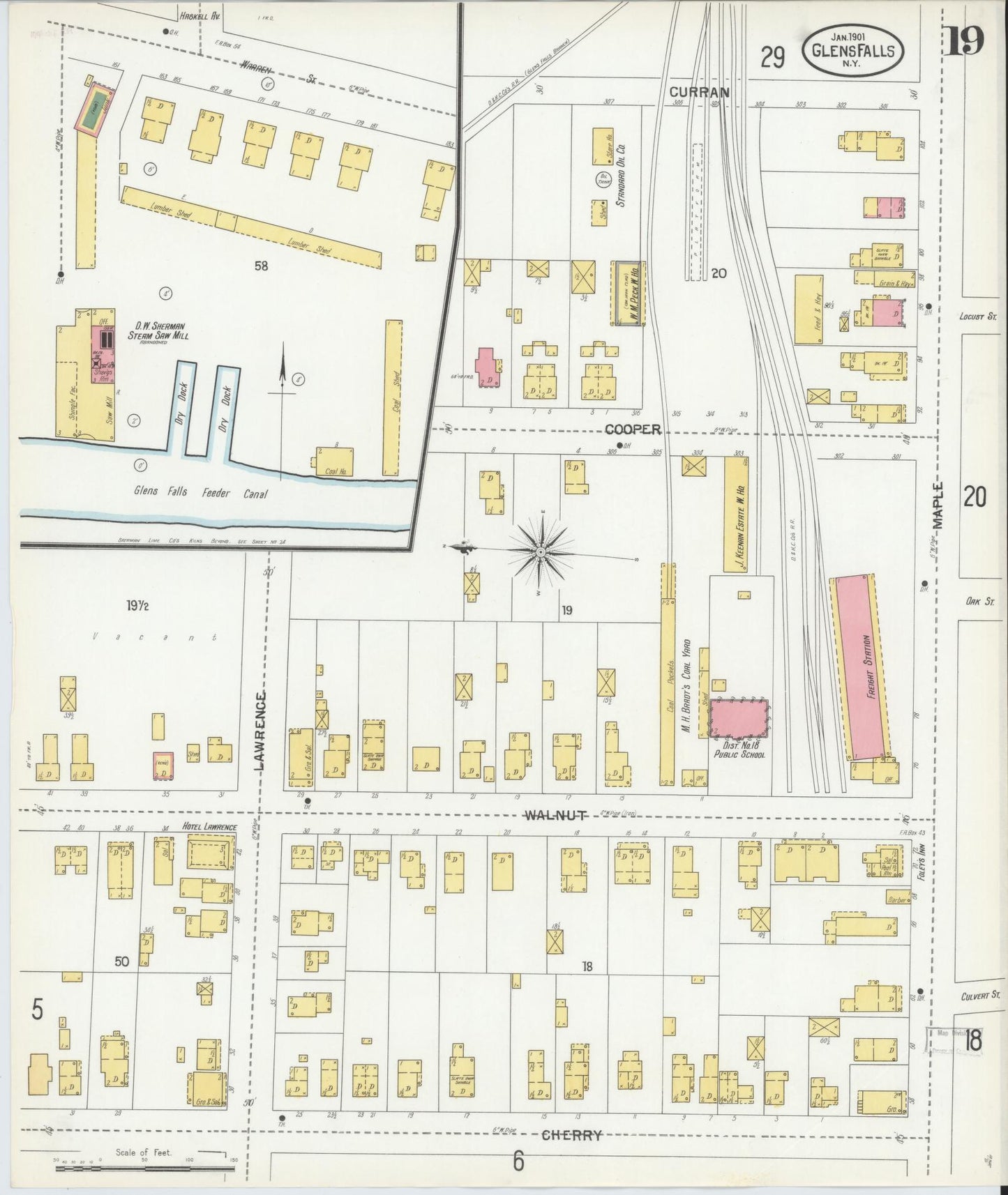 Sanborn Fire Insurance Map from Glens Falls, Warren County, New York (1901), Sheet #0019 - Historic Sanborn Fire Insurance Map Print, vintage old map wall art, antique decor, genealogy gift, New York New York map