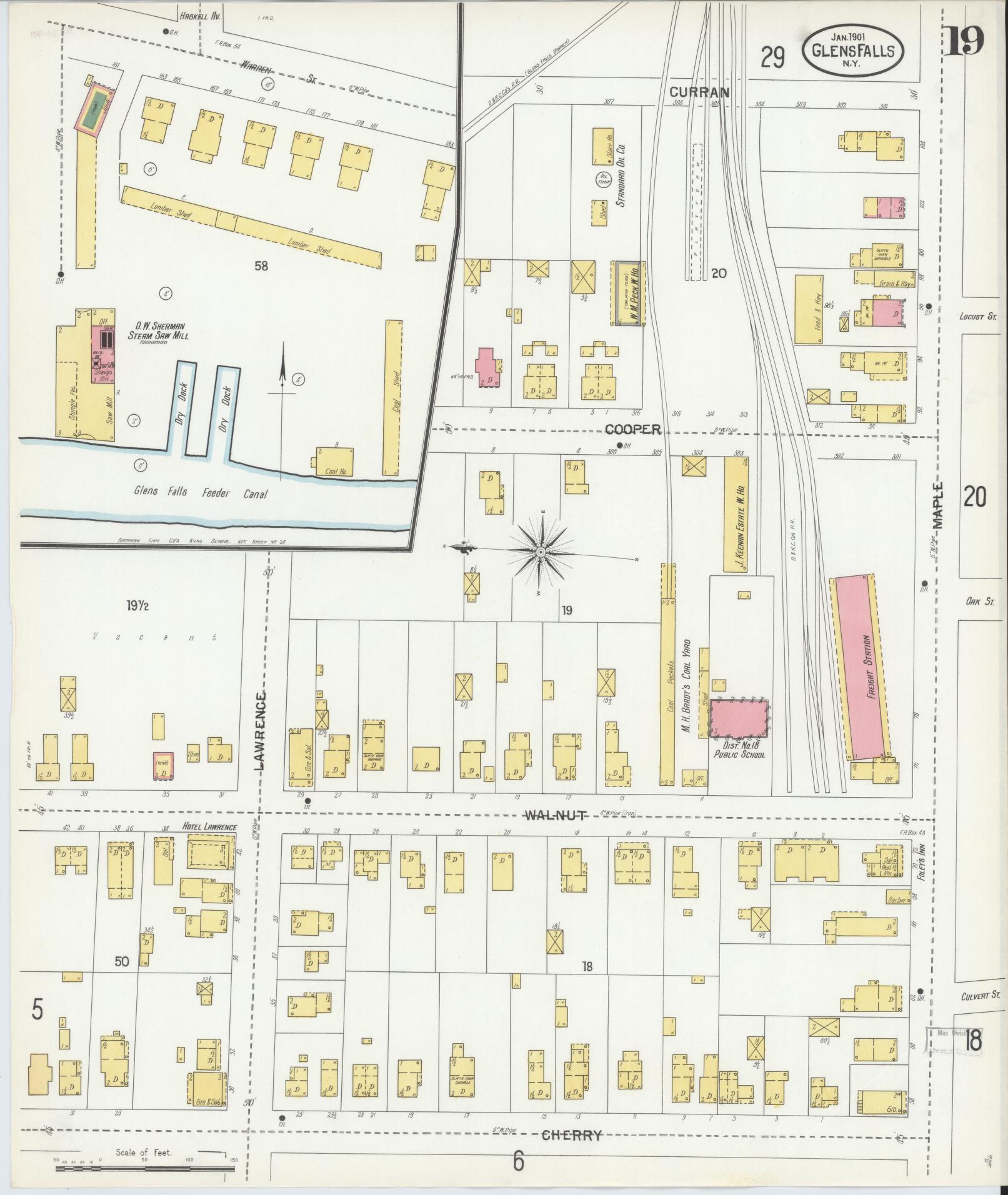 Sanborn Fire Insurance Map from Glens Falls, Warren County, New York (1901), Sheet #0019 - Historic Sanborn Fire Insurance Map Print, vintage old map wall art, antique decor, genealogy gift, New York New York map