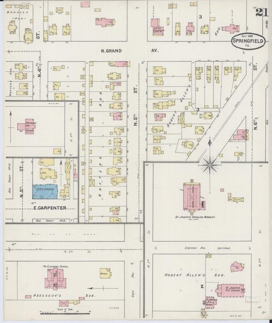 Sanborn Fire Insurance Map from Springfield, Sangamon County, Illinois (1890), Sheet #0021 - Historic Sanborn Fire Insurance Map Print, vintage old map wall art, antique decor, genealogy gift, Illinois Illinois map