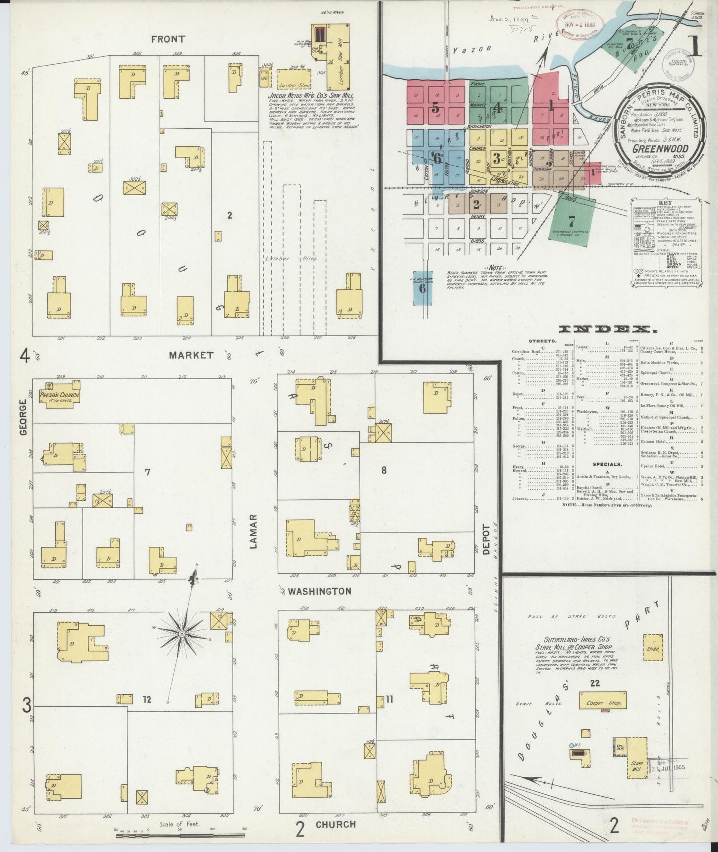 Sanborn Fire Insurance Map from Greenwood, Leflore County, Mississippi (1899), Sheet #0001 - Complete Map Set gallery image, historic Sanborn map, vintage wall art, Mississippi Mississippi