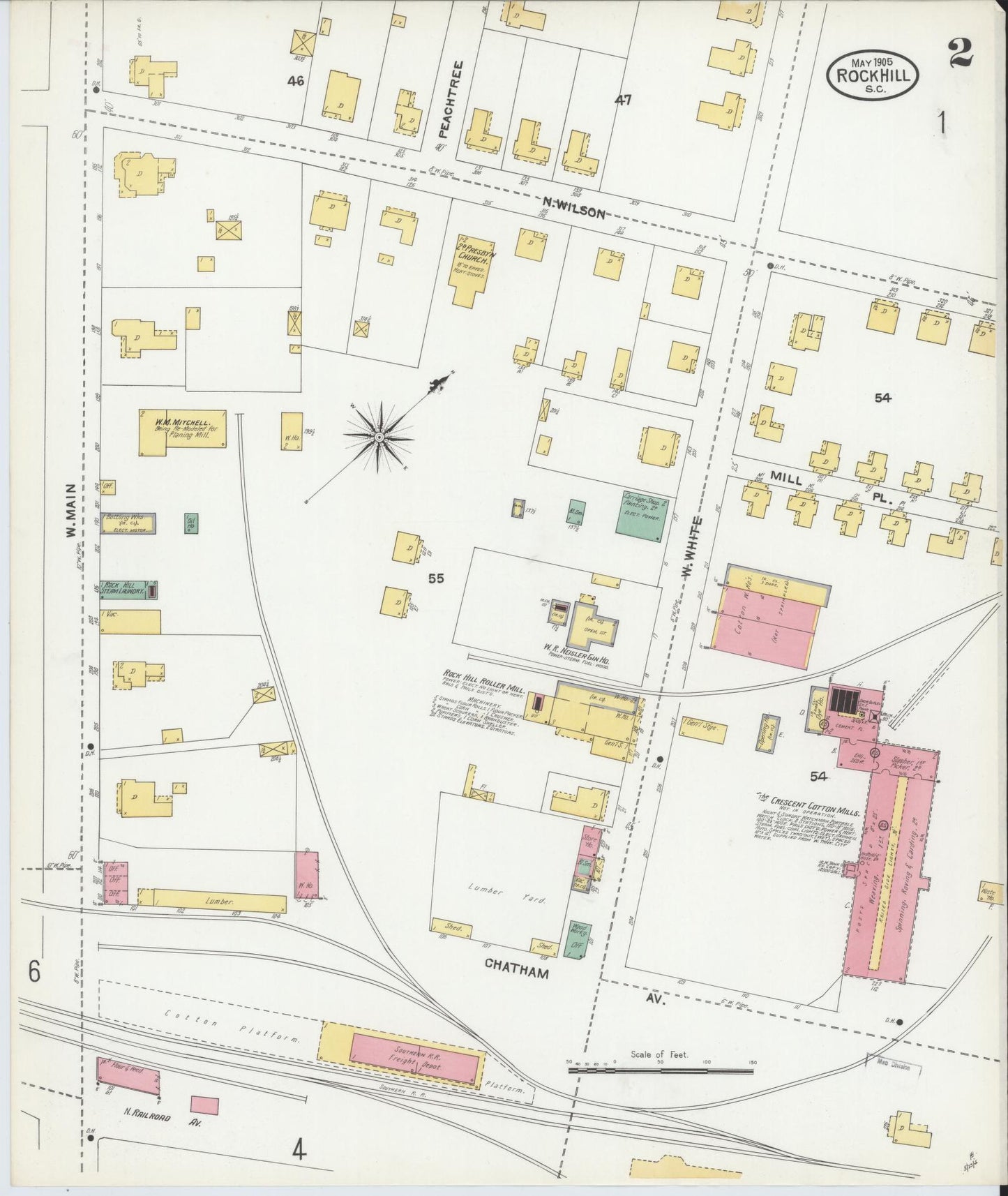 Sanborn Fire Insurance Map from Rock Hill, York County, South Carolina (1905), Sheet #0002 - Complete Map Set gallery image, historic Sanborn map, vintage wall art, South Carolina South Carolina
