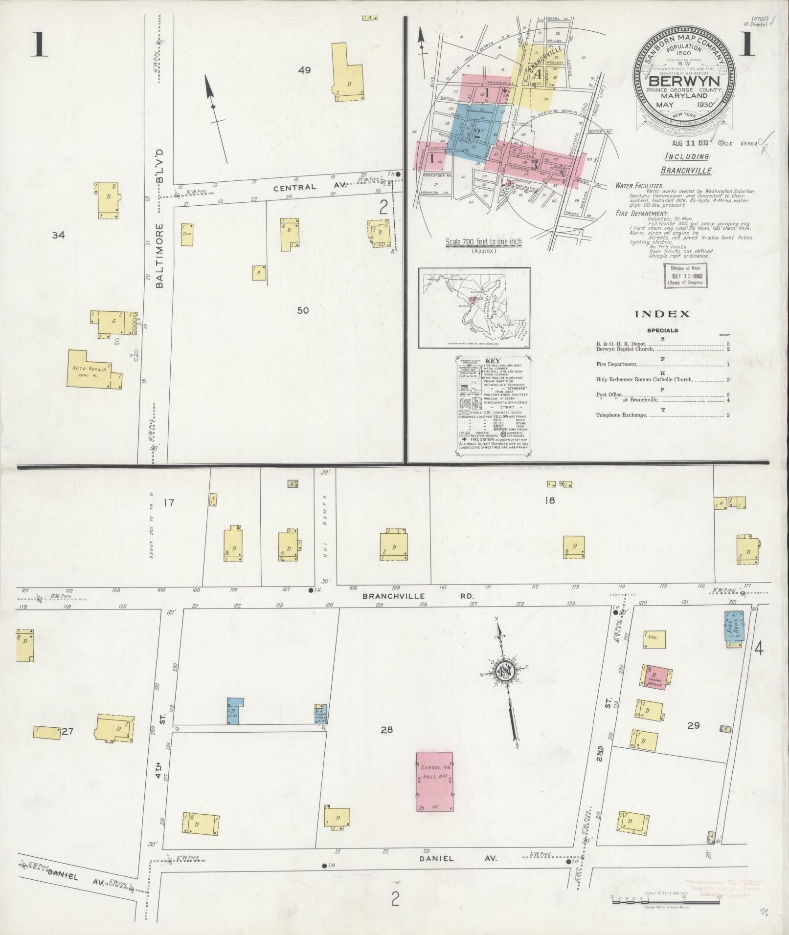 Sanborn Fire Insurance Map from Berwin, Prince Georges County, Maryland (1930), Sheet #0001 - Historic Sanborn Fire Insurance Map Print, vintage old map wall art, antique decor, genealogy gift, Maryland Maryland map