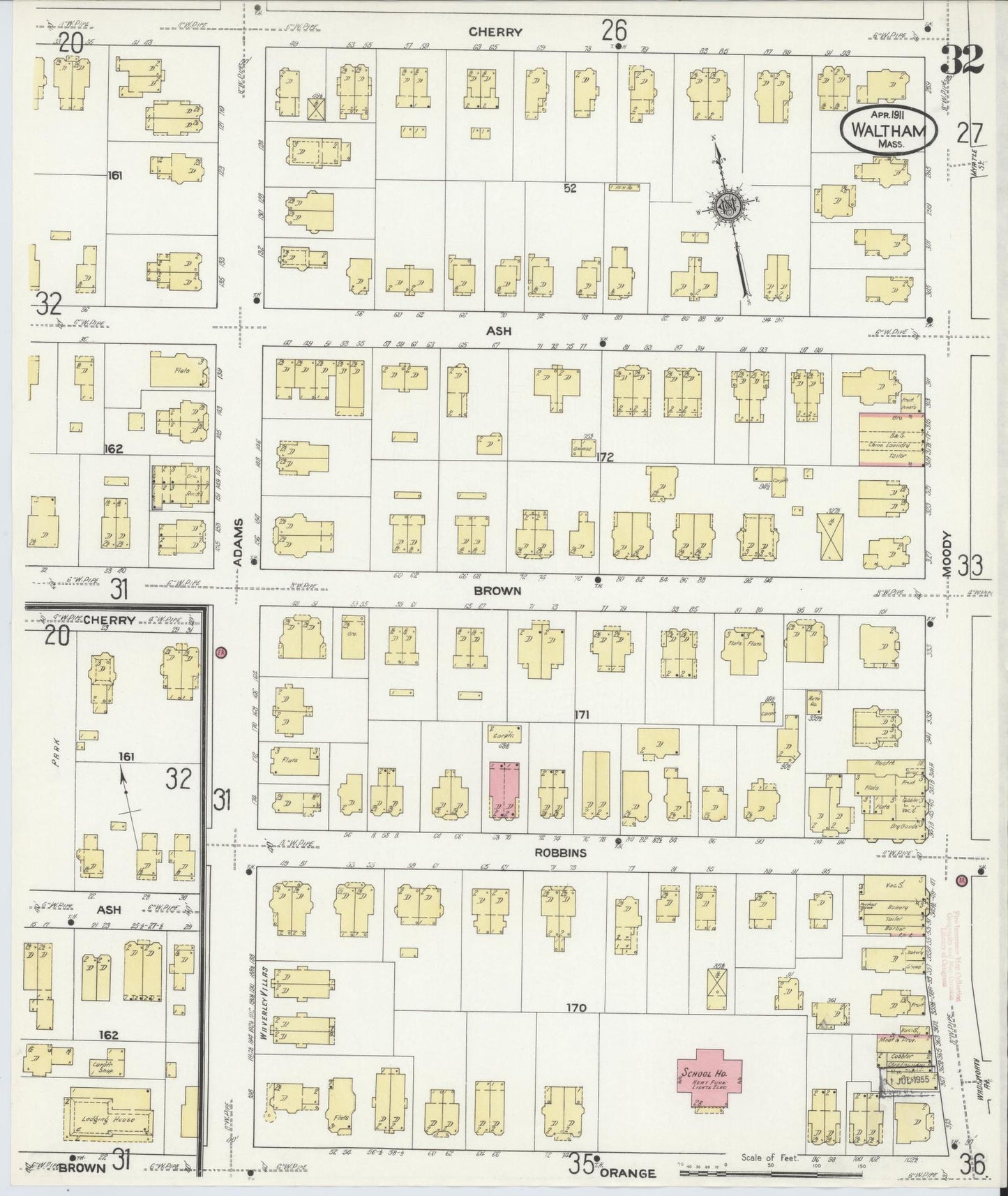 Sanborn Fire Insurance Map from Waltham, Middlesex County, Massachusetts (1911), Sheet #0032 - Complete Map Set gallery image, historic Sanborn map, vintage wall art, Massachusetts Massachusetts