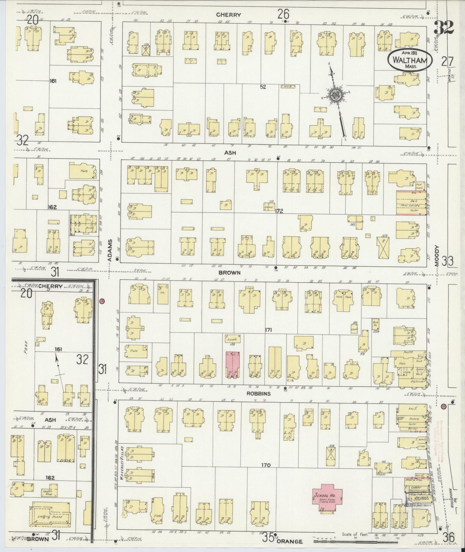 Sanborn Fire Insurance Map from Waltham, Middlesex County, Massachusetts (1911), Sheet #0032 - Complete Map Set gallery image, historic Sanborn map, vintage wall art, Massachusetts Massachusetts