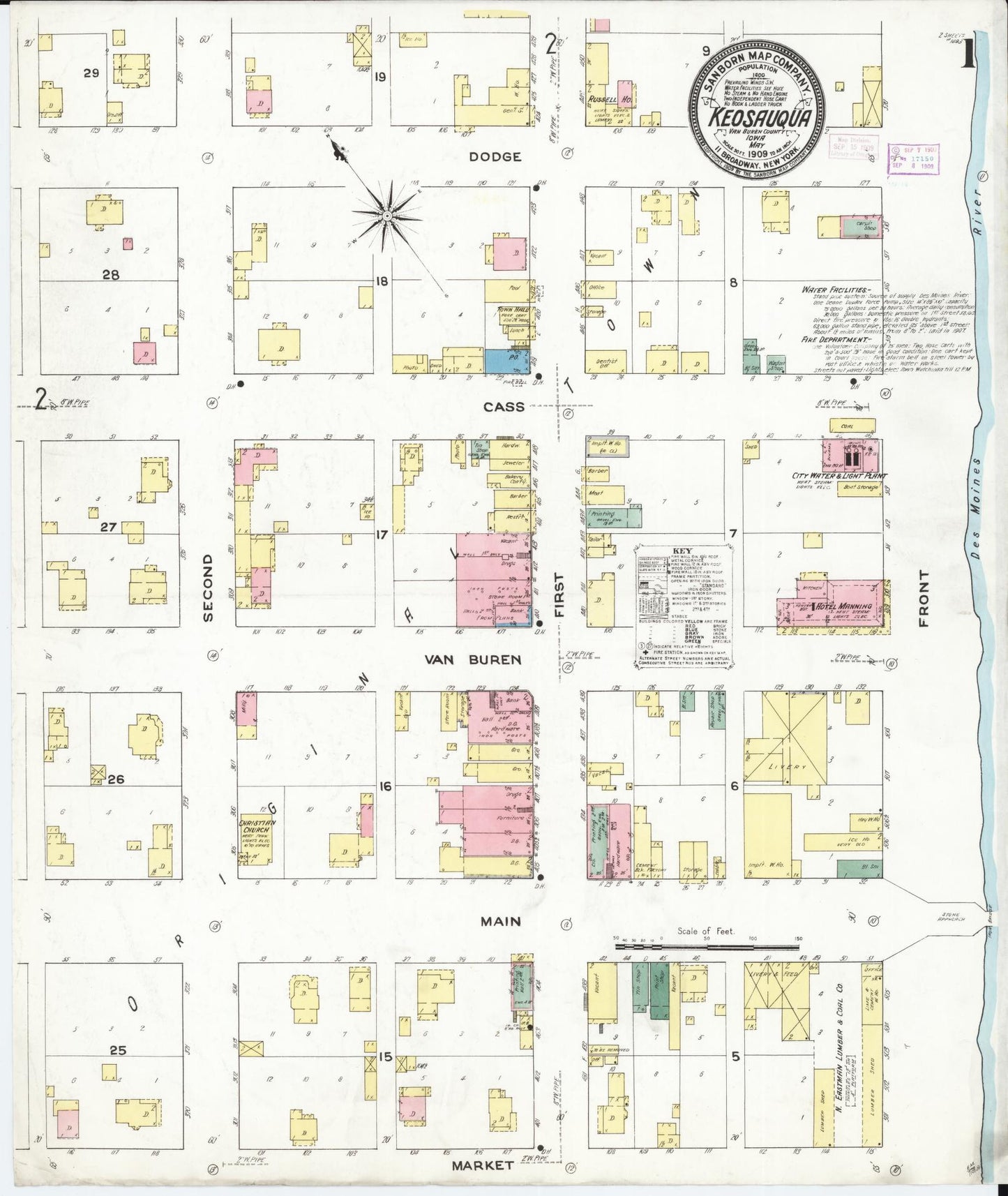 Sanborn Fire Insurance Map from Keosauqua, Van Buren County, Iowa (1919), Sheet #0001 - Historic Sanborn Fire Insurance Map Print, vintage old map wall art