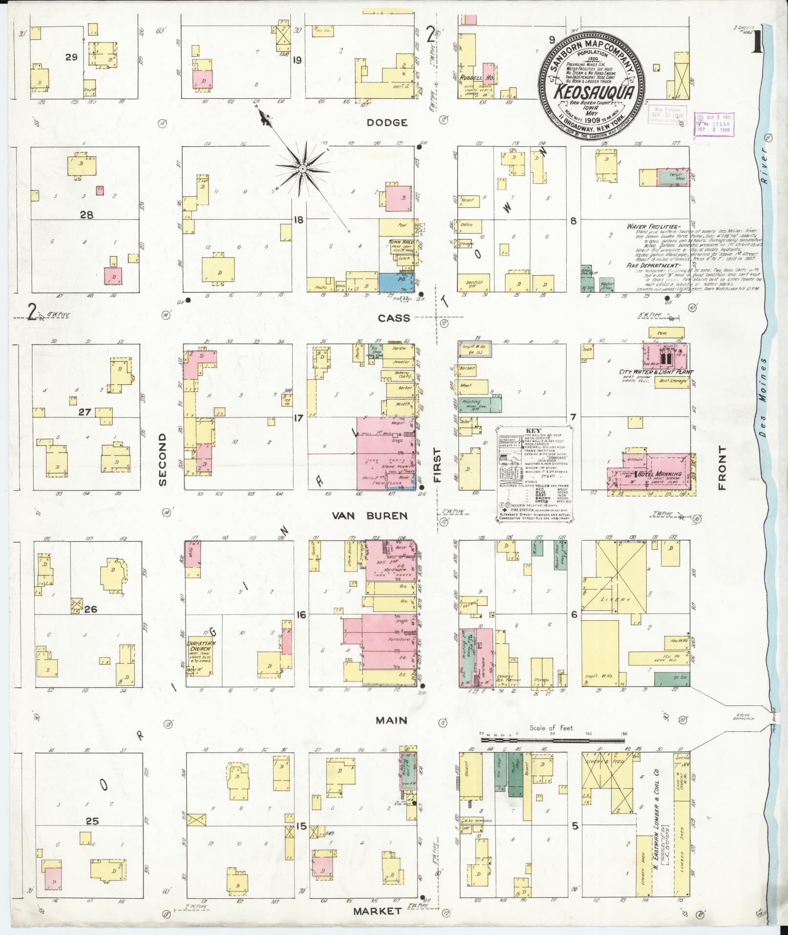 Sanborn Fire Insurance Map from Keosauqua, Van Buren County, Iowa (1919), Sheet #0001 - Historic Sanborn Fire Insurance Map Print, vintage old map wall art