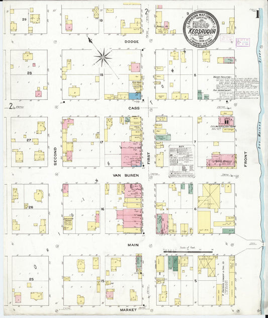 Sanborn Fire Insurance Map from Keosauqua, Van Buren County, Iowa (1919), Sheet #0001 - Historic Sanborn Fire Insurance Map Print, vintage old map wall art