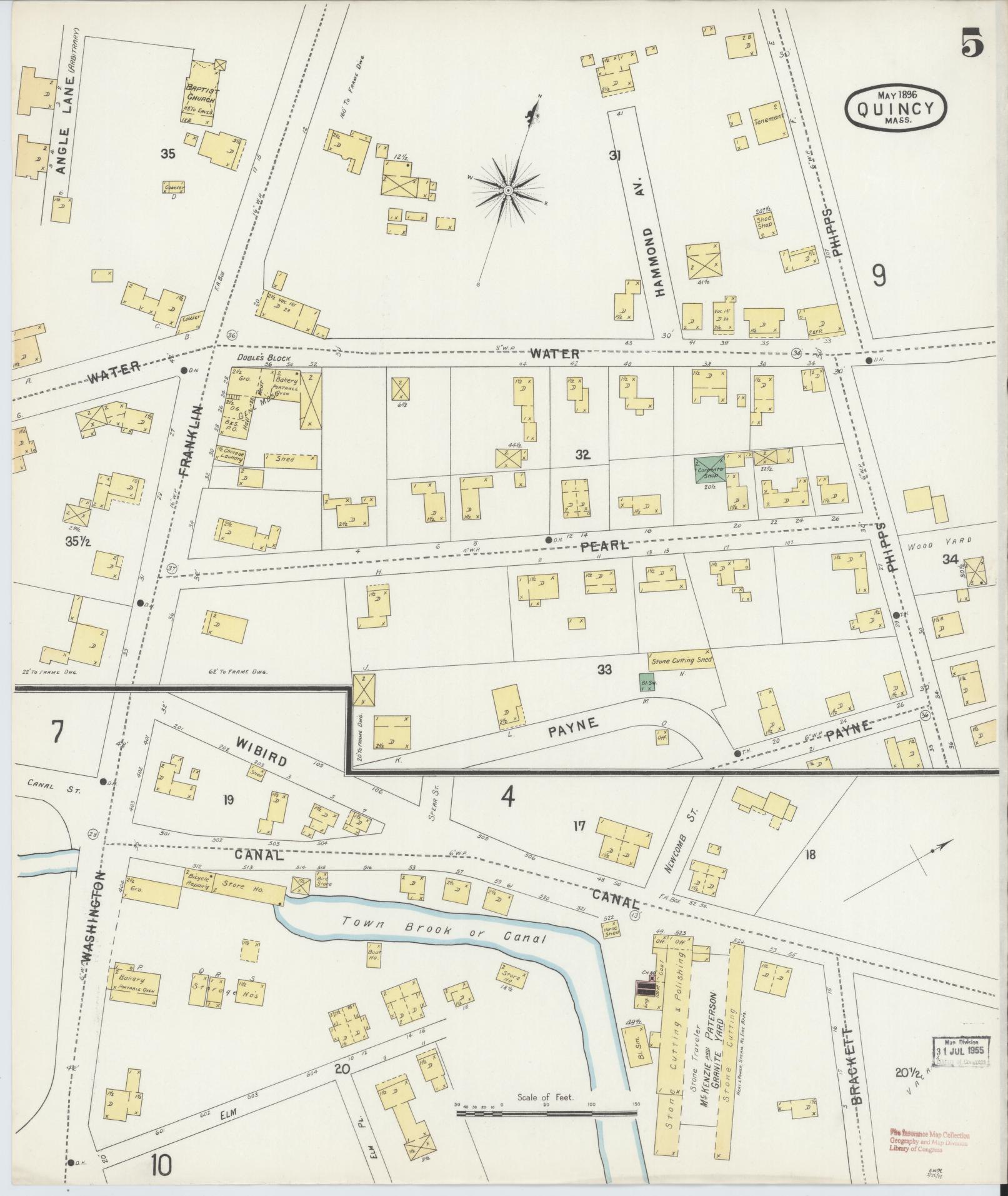 Sanborn Fire Insurance Map from Quincy, Norfolk County, Massachusetts (1896), Sheet #0005 - Historic Sanborn Fire Insurance Map Print, vintage old map wall art, antique decor, genealogy gift, Massachusetts Massachusetts map
