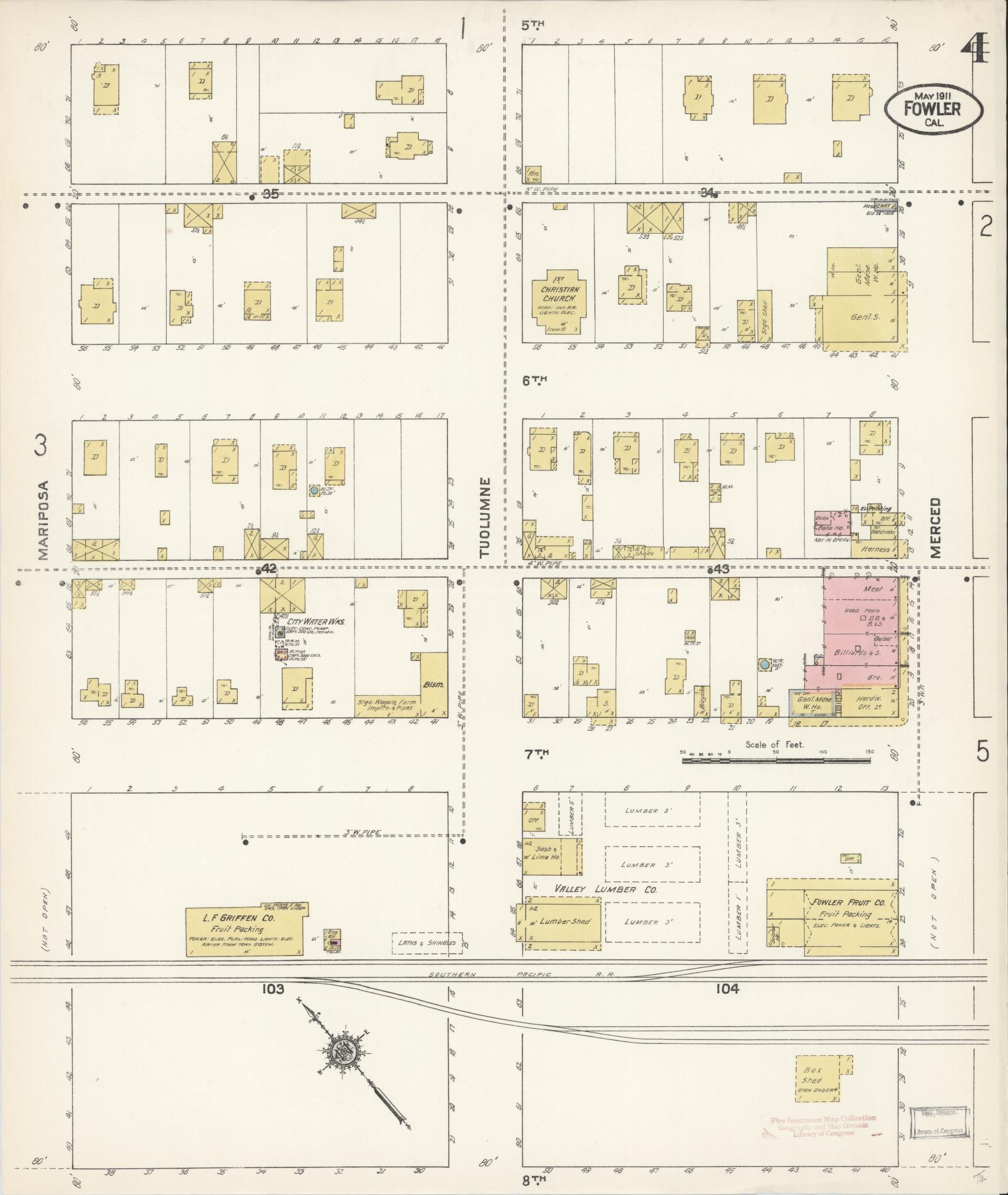 Sanborn Fire Insurance Map from Fowler, Fresno County, California (1911), Sheet #0004 - Historic Sanborn Fire Insurance Map Print, vintage old map wall art, antique decor, genealogy gift, California California map