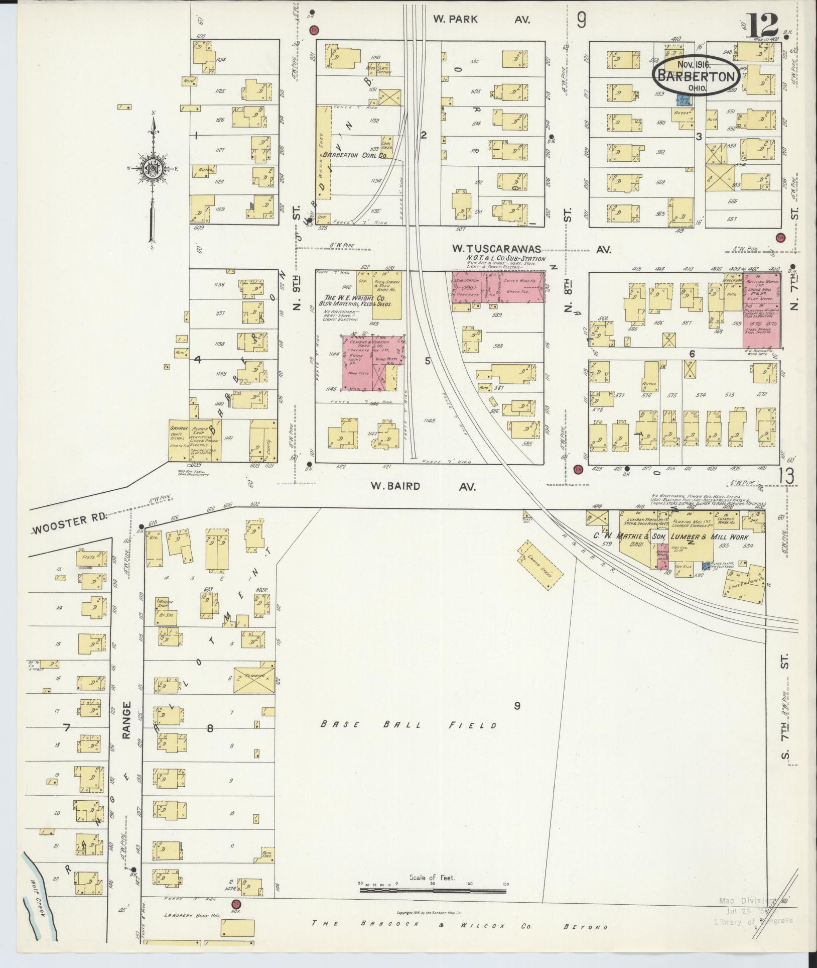 Sanborn Fire Insurance Map from Barberton, Summit County, Ohio (1916), Sheet #0012 - Historic Sanborn Fire Insurance Map Print, vintage old map wall art, antique decor, genealogy gift, Ohio Ohio map
