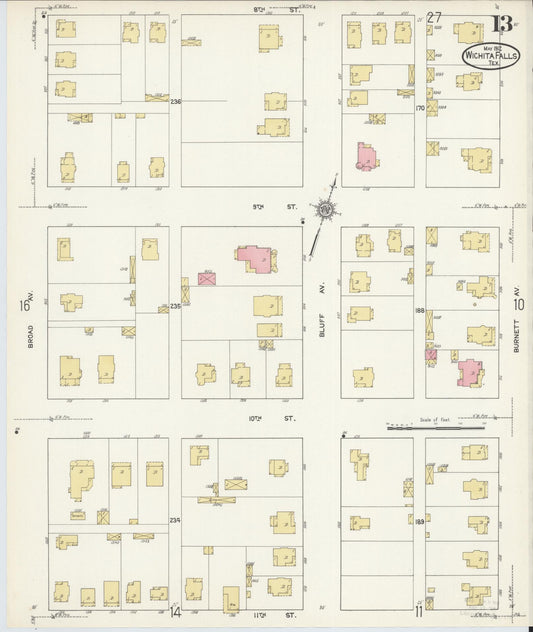 Sanborn Fire Insurance Map from Wichita Falls, Wichita County, Texas (1912), Sheet #0013 - Historic Sanborn Fire Insurance Map Print, vintage old map wall art, antique decor, genealogy gift, Texas Texas map