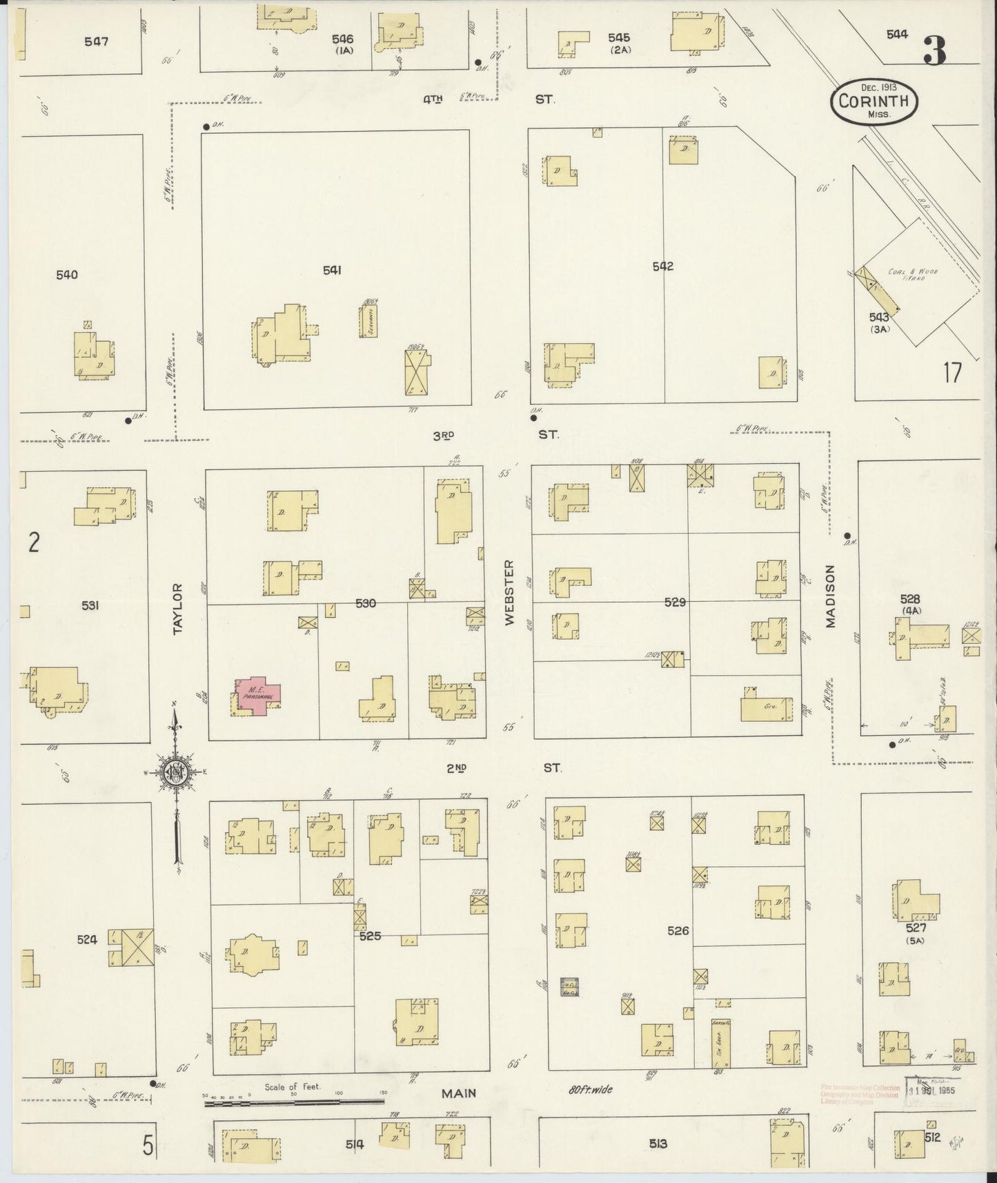 Sanborn Fire Insurance Map from Corinth, Alcorn County, Mississippi (1913), Sheet #0003 - Complete Map Set gallery image, historic Sanborn map, vintage wall art, Mississippi Mississippi