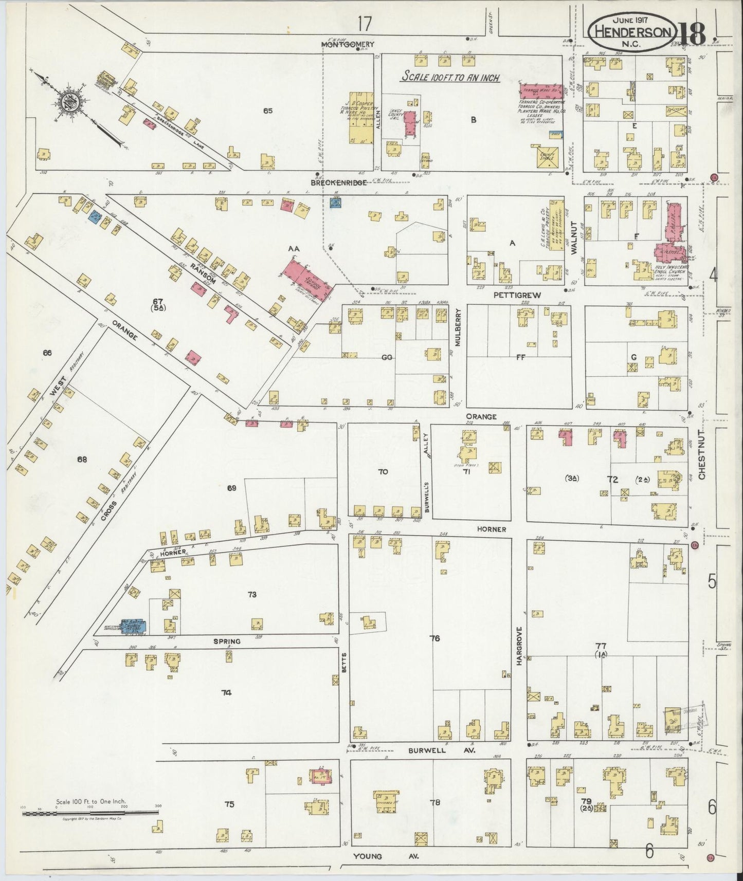 Sanborn Fire Insurance Map from Henderson, Vance County, North Carolina (1917), Sheet #0018 - Complete Map Set gallery image, historic Sanborn map, vintage wall art, North Carolina North Carolina