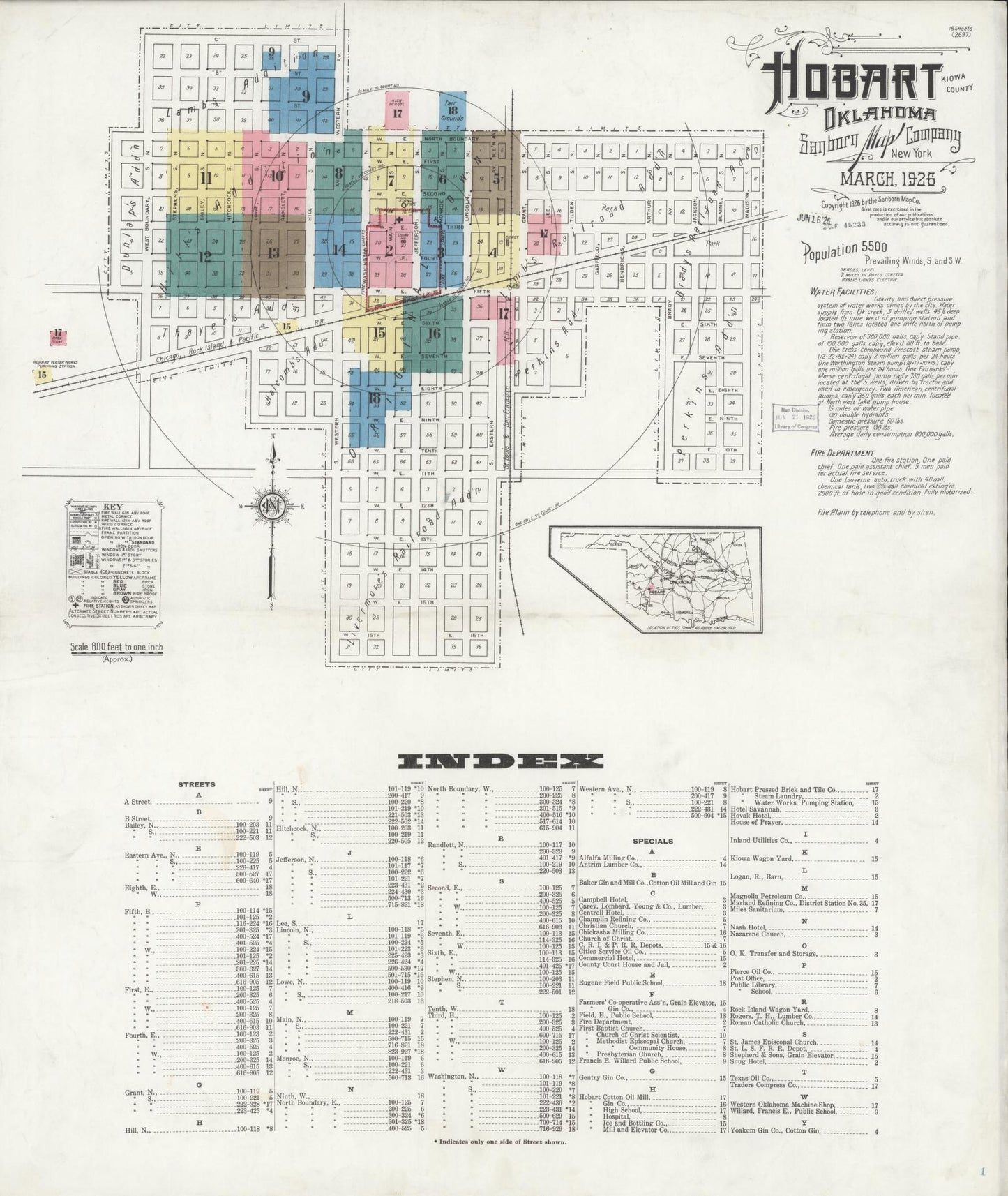 Sanborn Fire Insurance Map from Hobart, Kiowa County, Oklahoma (1926), Sheet #0001 - Historic Sanborn Fire Insurance Map Print, vintage old map wall art, antique decor, genealogy gift, Oklahoma Oklahoma map