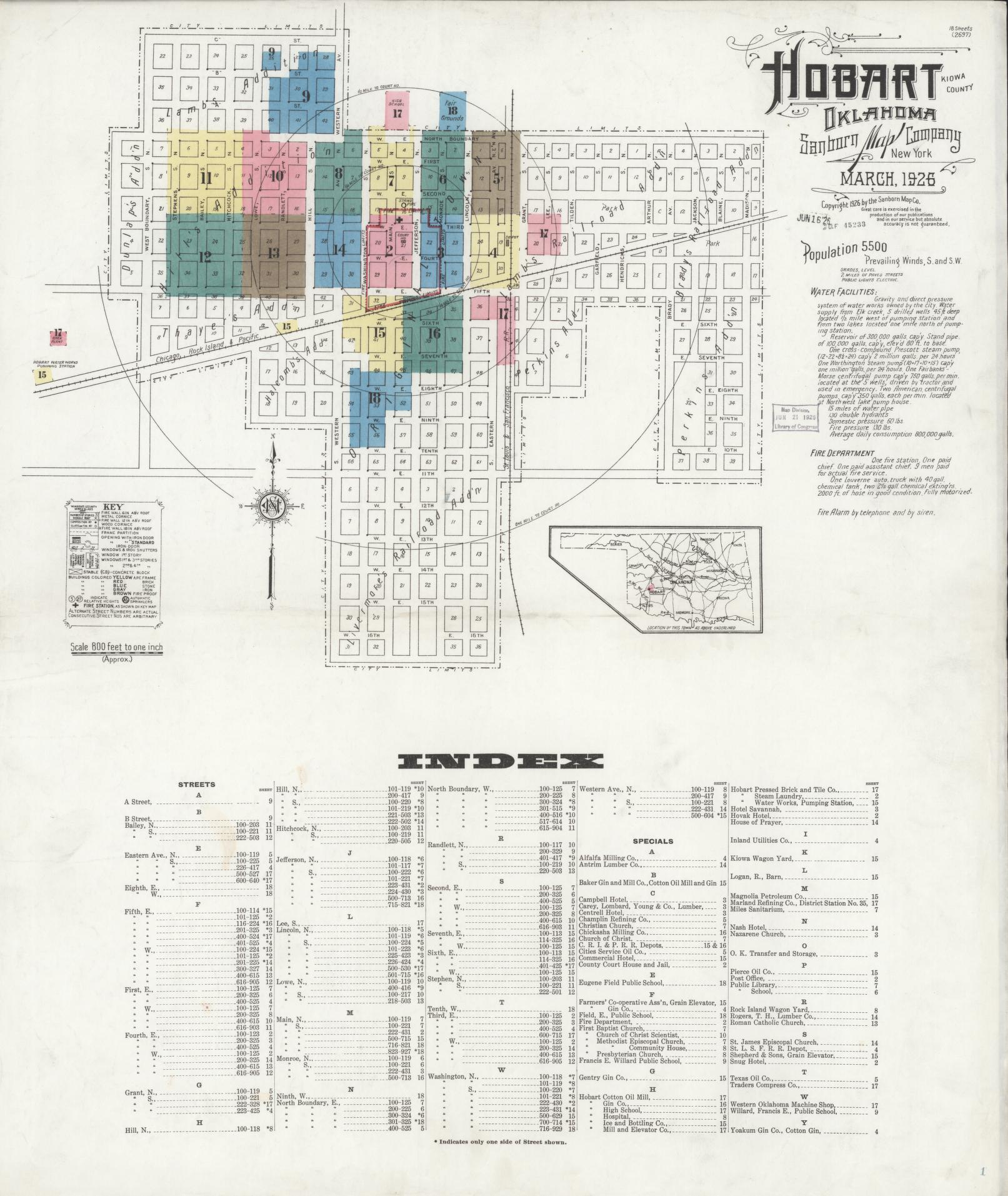 Sanborn Fire Insurance Map from Hobart, Kiowa County, Oklahoma (1926), Sheet #0001 - Historic Sanborn Fire Insurance Map Print, vintage old map wall art, antique decor, genealogy gift, Oklahoma Oklahoma map