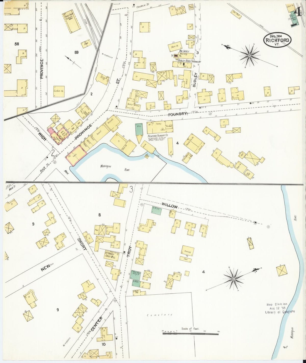 Sanborn Fire Insurance Map from Richford, Franklin County, Vermont (1904), Sheet #0004 - Historic Sanborn Fire Insurance Map Print, vintage old map wall art, antique decor, genealogy gift, Vermont Vermont map