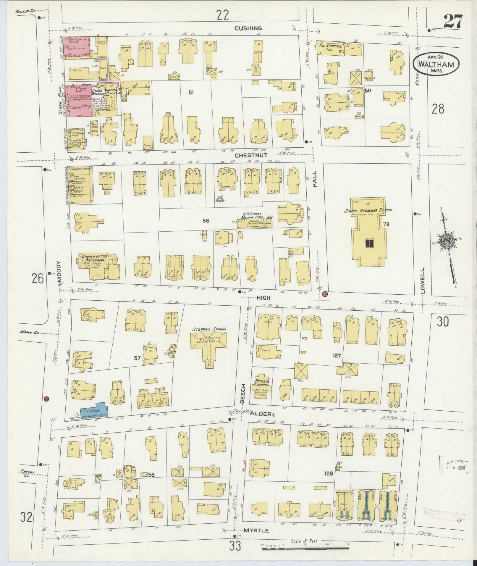 Sanborn Fire Insurance Map from Waltham, Middlesex County, Massachusetts (1911), Sheet #0027 - Complete Map Set gallery image, historic Sanborn map, vintage wall art, Massachusetts Massachusetts
