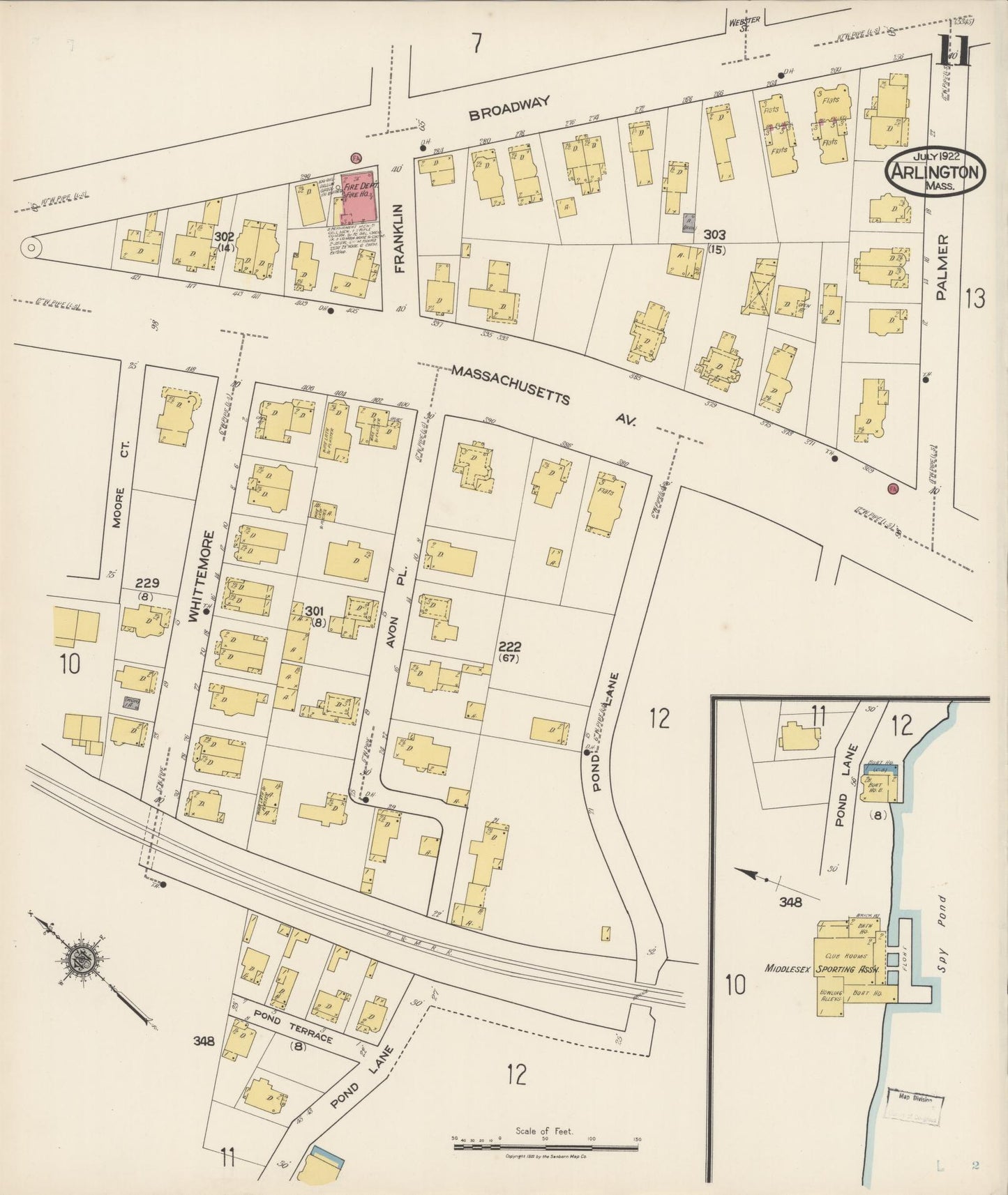 Sanborn Fire Insurance Map from Arlington, Middlesex County, Massachusetts (1922), Sheet #0011 - Historic Sanborn Fire Insurance Map Print, vintage old map wall art, antique decor, genealogy gift, Massachusetts Massachusetts map