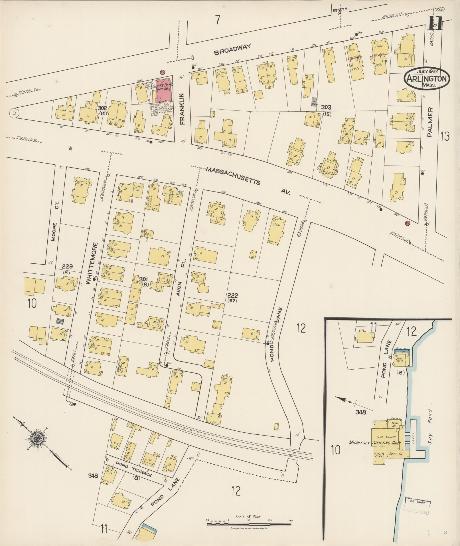 Sanborn Fire Insurance Map from Arlington, Middlesex County, Massachusetts (1922), Sheet #0011 - Historic Sanborn Fire Insurance Map Print, vintage old map wall art, antique decor, genealogy gift, Massachusetts Massachusetts map