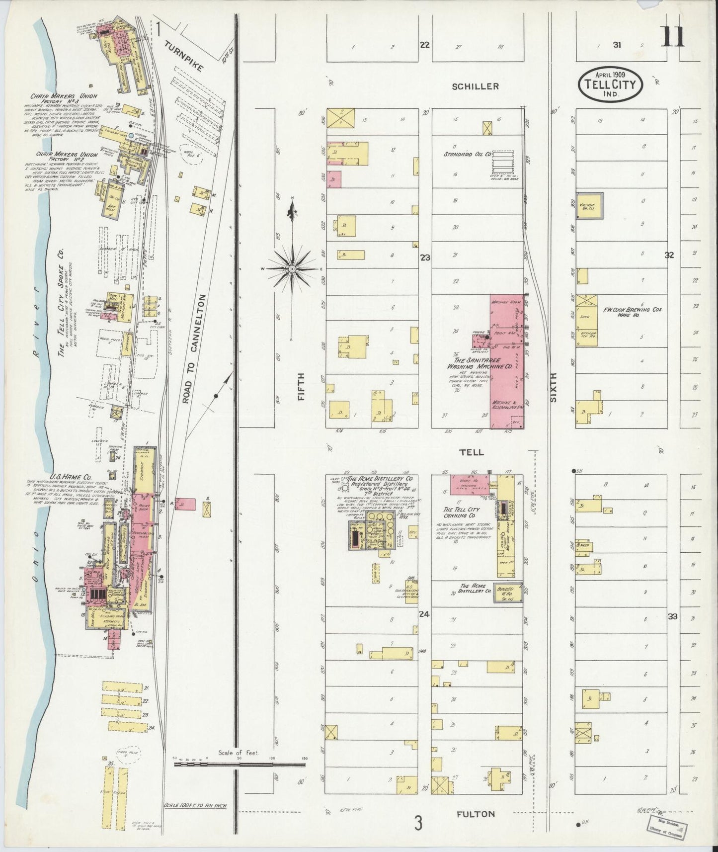 Sanborn Fire Insurance Map from Tell City, Perry County, Indiana (1909), Sheet #0011 - Complete Map Set gallery image, historic Sanborn map, vintage wall art, Indiana Indiana