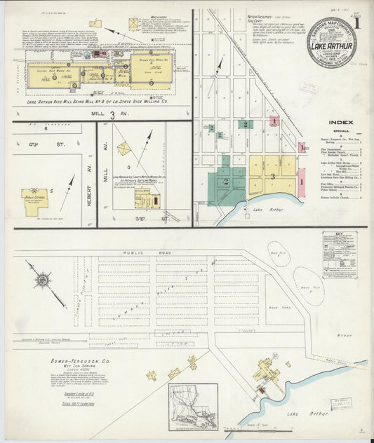 Sanborn Fire Insurance Map from Lake Arthur, Jefferson Davis Parish, Louisiana (1912), Sheet #0001 - Historic Sanborn Fire Insurance Map Print, vintage old map wall art, antique decor, genealogy gift, Louisiana Louisiana map