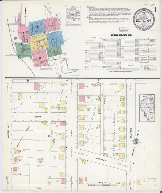 Sanborn Fire Insurance Map from Waterloo, Monroe County, Illinois (1913), Sheet #0001 - Complete Map Set gallery image, historic Sanborn map, vintage wall art, Illinois Illinois