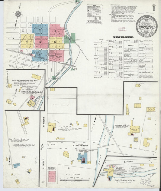 Sanborn Fire Insurance Map from Greenfield, Highland County, Ohio (1910), Sheet #0001 - Historic Sanborn Fire Insurance Map Print, vintage old map wall art, antique decor, genealogy gift, Ohio Ohio map