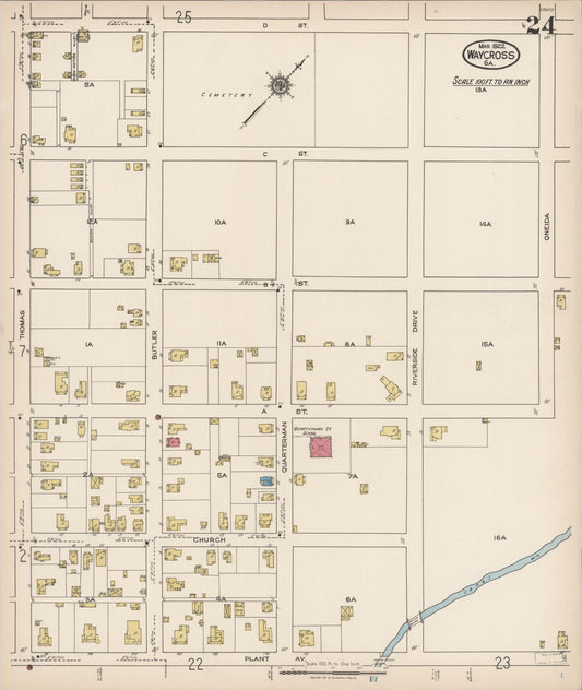 Sanborn Fire Insurance Map from Waycross, Ware County, Georgia (1922), Sheet #0024 - Historic Sanborn Fire Insurance Map Print, vintage old map wall art, antique decor, genealogy gift, Georgia Georgia map