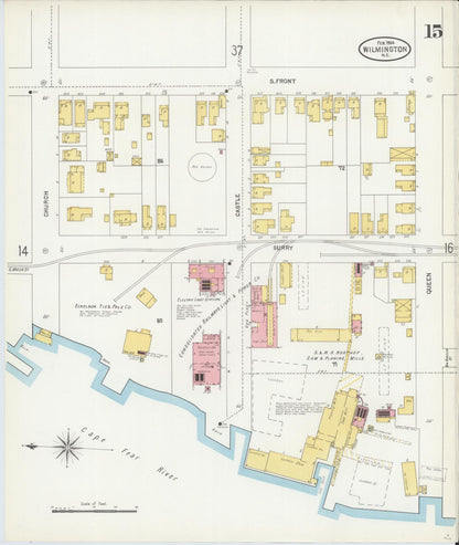 Sanborn Fire Insurance Map from Wilmington, New Hanover County, North Carolina (1904), Sheet #0015 - Historic Sanborn Fire Insurance Map Print, vintage old map wall art, antique decor, genealogy gift, North Carolina North Carolina map