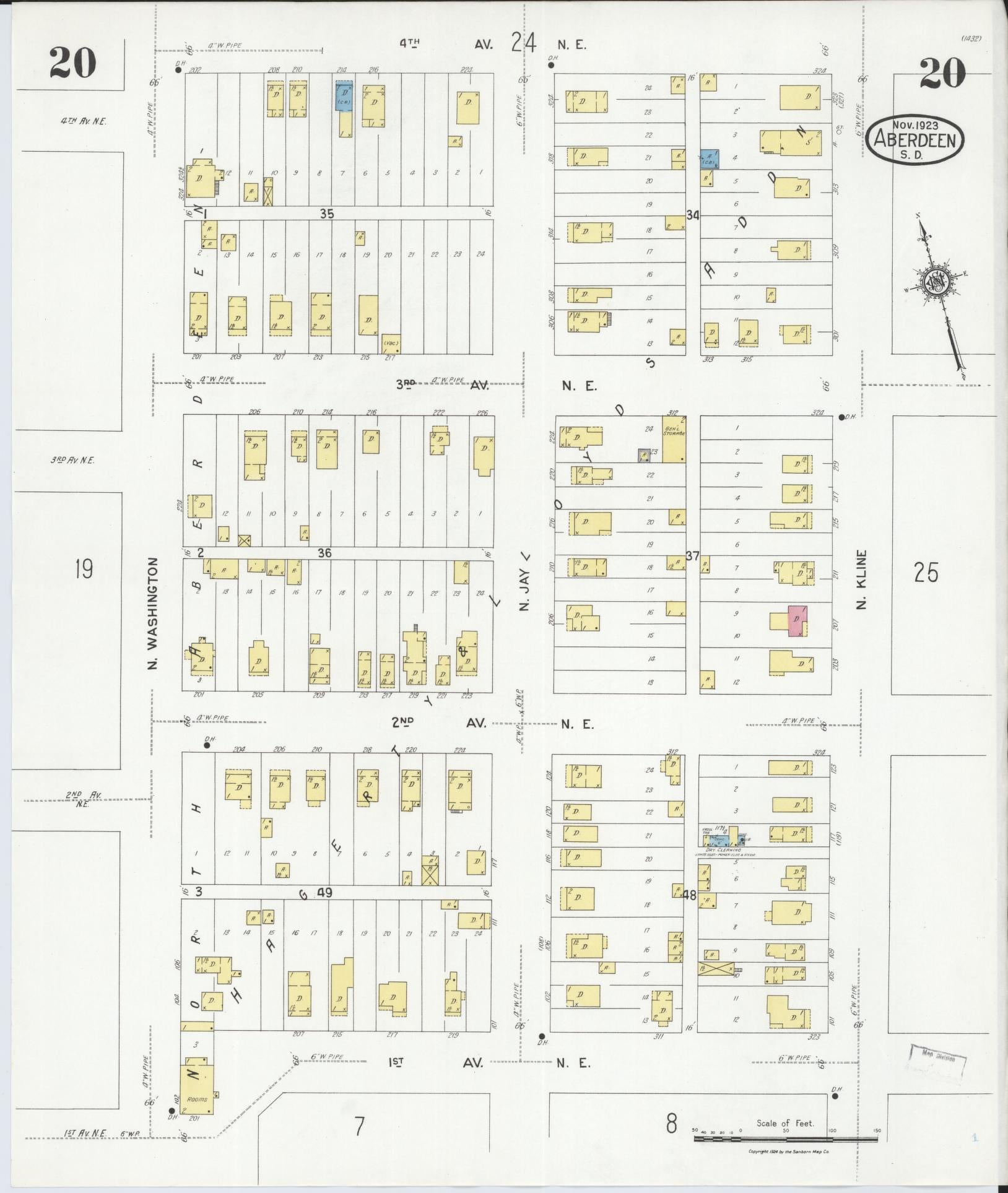 Sanborn Fire Insurance Map from Aberdeen, Brown County, South Dakota (1923), Sheet #0020 - Complete Map Set gallery image, historic Sanborn map, vintage wall art, South Dakota South Dakota