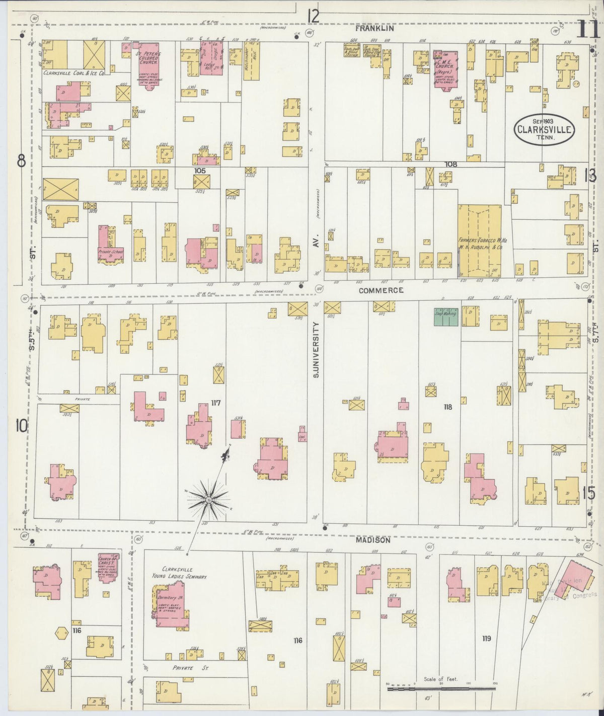 Sanborn Fire Insurance Map from Clarksville, Montgomery County, Tennessee (1903), Sheet #0011 - Historic Sanborn Fire Insurance Map Print, vintage old map wall art, antique decor, genealogy gift, Tennessee Tennessee map