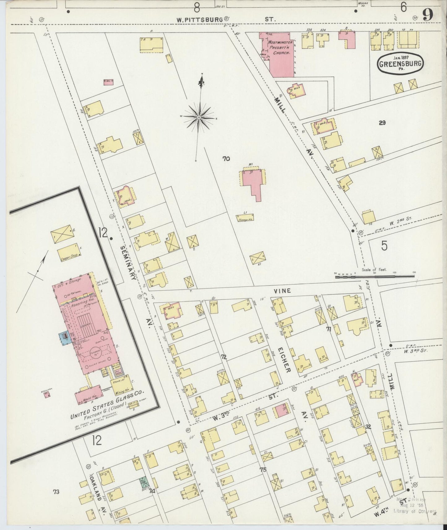 Sanborn Fire Insurance Map from Greensburg, Westmoreland County, Pennsylvania (1897), Sheet #0009 - Historic Sanborn Fire Insurance Map Print, vintage old map wall art, antique decor, genealogy gift, Pennsylvania Pennsylvania map