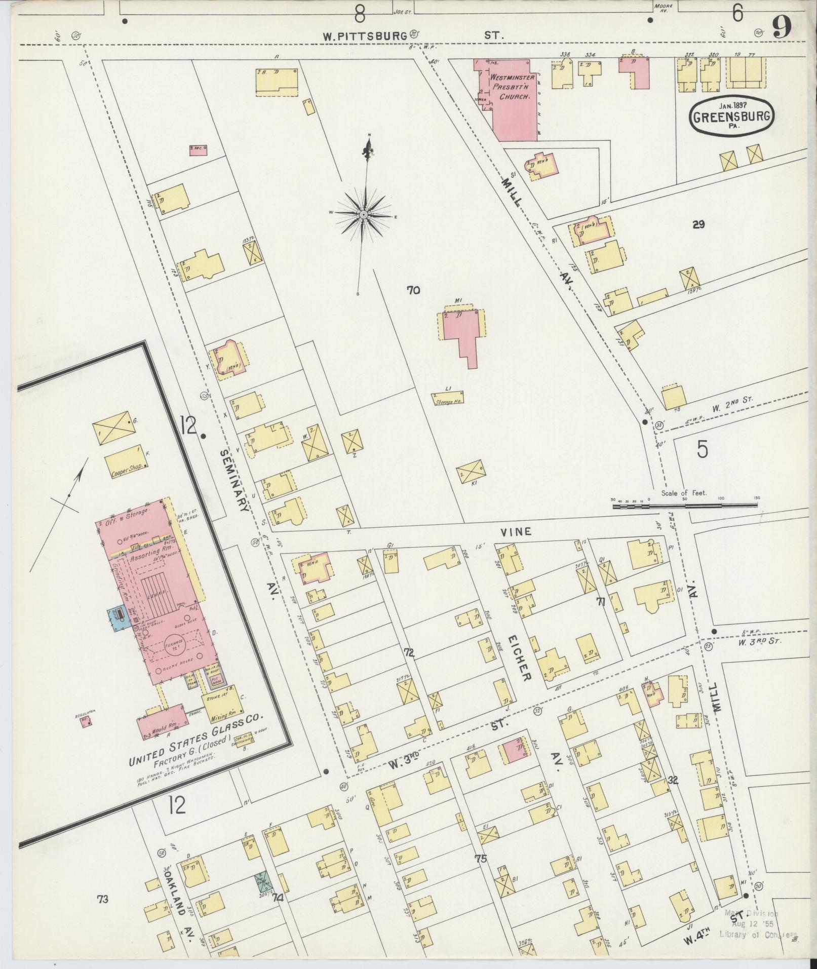 Sanborn Fire Insurance Map from Greensburg, Westmoreland County, Pennsylvania (1897), Sheet #0009 - Historic Sanborn Fire Insurance Map Print, vintage old map wall art, antique decor, genealogy gift, Pennsylvania Pennsylvania map