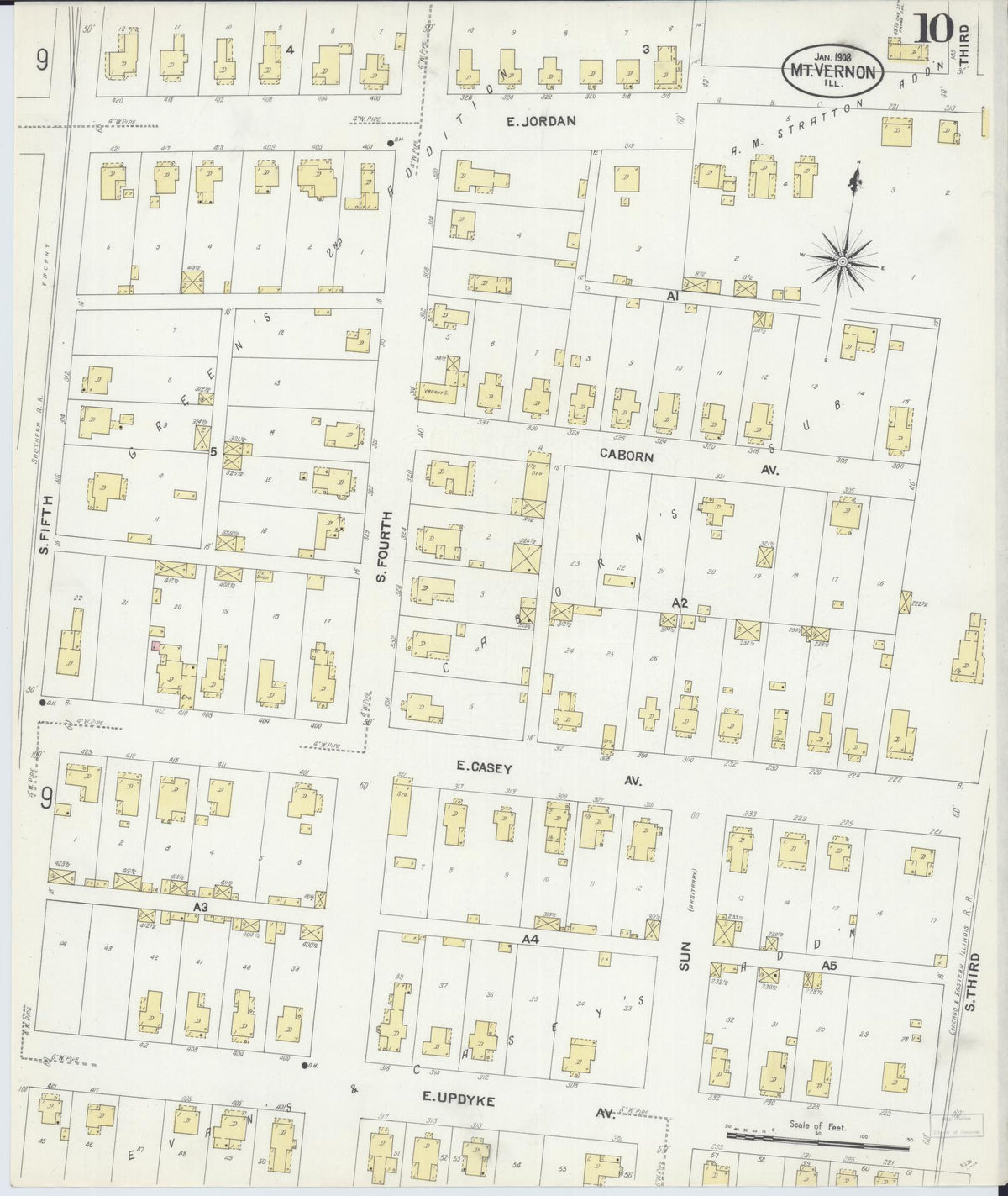 Sanborn Fire Insurance Map from Mount Vernon, Jefferson County, Illinois (1908), Sheet #0010 - Historic Sanborn Fire Insurance Map Print, vintage old map wall art, antique decor, genealogy gift, Illinois Illinois map